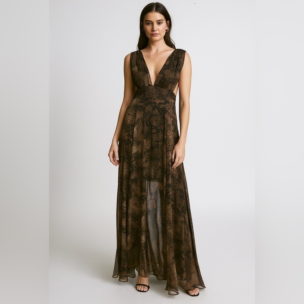 Abyss By Abby Maxi Dress Women’s XS Snake Print Sheer Low Cut Tan Black Sexy